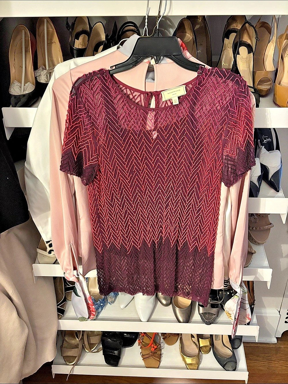 Moulinette Soeurs Geometric Short Sleeve Blouse in Pink & Purple Size Small
